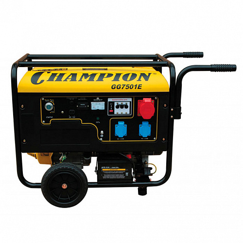 Генератор CHAMPION GG7501E (6/6,5кВт ОНV420 13лс 25л 83,3кг, 2,6л/ч, 12V эл.старт колеса)