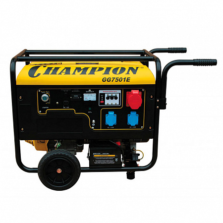 Генератор CHAMPION GG7501E (6/6,5кВт OHV 16лс 25л 12В 83,3кг, эл.стартер, колеса)
